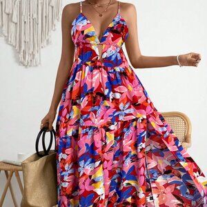 Red Boho Women's Vacation Floral Print Backless Dress